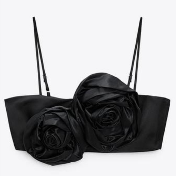 ZARA FLORAL APPLIQUÉ CROP TOP SATIN ROSE FLORAL CROPPED TOP Black Small - Picture 4 of 4